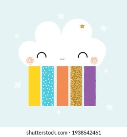 Funny cloud with rainbow and stars. Kids trendy print. Vector hand drawn illustration.