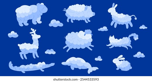 Nubes divertidas de diferentes formas de animales. Gato blanco esponjoso del cerdo del conejo del delfín del cocodrilo del oso que vuela en el fondo azul del cielo, Ilustración vectorial nublada creativa de la historieta de los Elementos del Clima