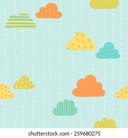 Funny clouds pattern. Vector hand drawn seamless pattern.