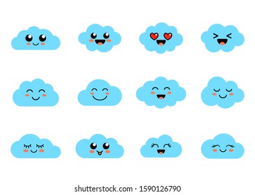 Funny clouds - vector collection. Set of clouds with emoji. Kawai cloud faces. Cute emoticons. Flat. Vector illustration isolated on white background.