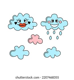 Funny clouds vector set. Groovy hand drawn clouds characters and simple clouds illustrations collection in psychedelic retro style