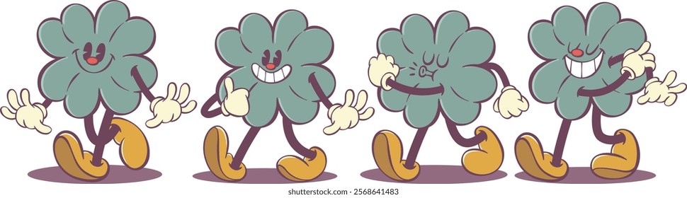 Funny clover cartoon character in retro groovy style