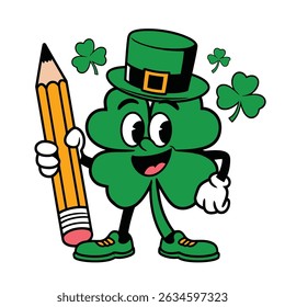 Funny Clover Character with Pencil Cartoon Illustration