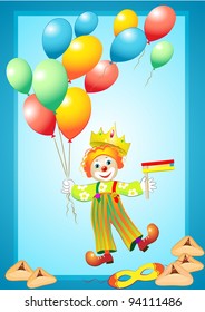 funny clown with balloons, mask, noise maker and purim cookies