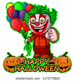 The funny clown with balloons  wishes happy halloween on isolated white background