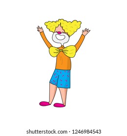 Funny clown in beautiful color clothes. Cute clown fun and entertains the audience.