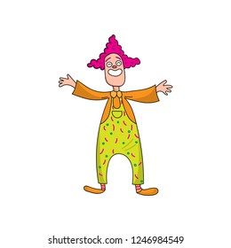 Funny clown in beautiful color clothes. Cute clown fun and entertains the audience.
