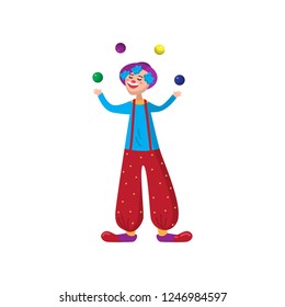 Funny clown in beautiful color clothes. Cute clown fun and entertains the audience.