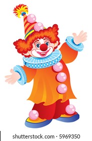 funny clown in a beautiful hat and with red hair on a white background, holiday, fun, childhood, vector illustration