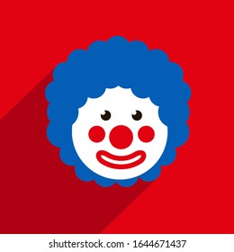 Funny Clown with blue hair wig. 1 April Fools day. Red background. Flat style.