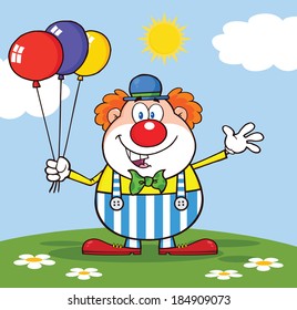 Funny Clown Cartoon Character With Balloons And Waving On Meadow. Vector Illustration