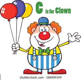 Funny Clown Cartoon Character With Balloons And Letter C. Vector Illustration Isolated on white