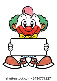 Funny Clown cartoon character holding a signboard. Best for mascot, logo, and sticker with circus themes for kids