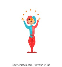 Funny clown cartoon character juggling with colorful balls, carnival party or circus performance vector Illustration on a white background