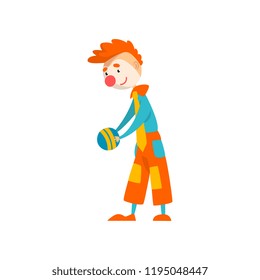 Funny clown cartoon character performing with ball at birthday or carnival party, circus performance vector Illustration on a white background