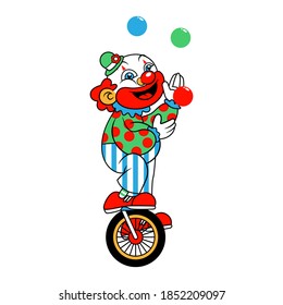 Funny Clown Cartoon Characters juggling balls while riding unicycle, best for sticker, decoration, or illustration book of children