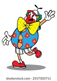 Funny Clown cartoon characters wearing baseball cap, summer shirt, and fancy short pants. Greeting audience at the carnival. Best for sticker, logo, and mascot with profession themes for kids