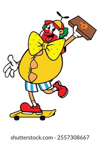 Funny Clown cartoon characters wearing a big bow tie with worker uniform. Delivering a box of pizza using a skateboard. Best for sticker, logo, and mascot with fast food restaurant themes