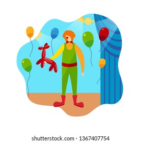 Funny Clown Character and Circus Accessories. Comedian and Jester in Costume Show. Artistic Humorous Performance on Stage with Curtains and Colorful Balloons. Cartoon Flat Vector Illustration. Icon.