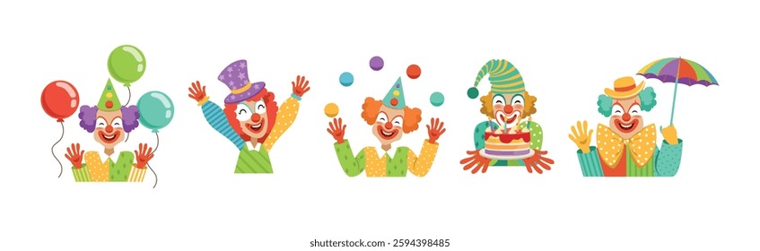 Funny Clown Character with Friendly Colorful Face Vector Set