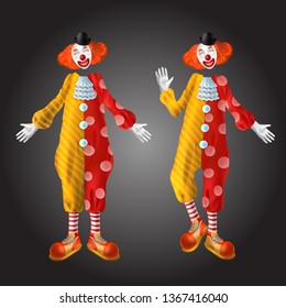 Funny clown character set isolated on black background. Comedian jester wearing ginger periwig, bowler hat, red nose, colorful costume stand in different positions. Realistic 3d vector illustration.