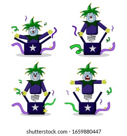funny clown characters coming out of the purple box on april fools day