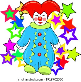 a funny clown with colorful stars in a bright costume makes people laugh at a holiday, isolated on a white background 