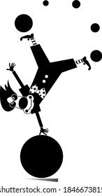 Funny clown equilibrist juggles balls illustration. Cartoon clown balances legs up on the big ball and juggles the balls black on white
