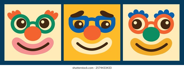 Funny clown face set. Square colorful faces in clown glasses. Vector illustration for circus design