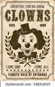 Funny clown face vector retro poster for circus show. Layered, separate grunge texture and text