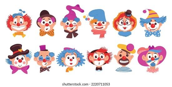 Funny clown faces. Cartoon positive comic artists heads. Happy facial expressions. Smiling circus characters. Comedians with bright makeups. Buffoons wigs and hats