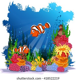 funny clown fish with sea life background