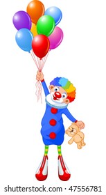 Funny clown flying with balloons. Vector illustration