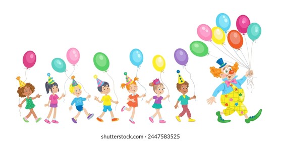 Funny clown and group of children with colorful balloons. In cartoon style. Isolated on white background. Vector flat illustration.