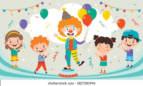 Funny Clown And Happy Children Playing