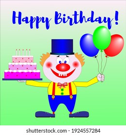 A funny clown in a hat and big boots holds a cake with candles and three multi-colored balloons in his hands. The clown is wearing blue trousers with suspenders and a yellow shirt.