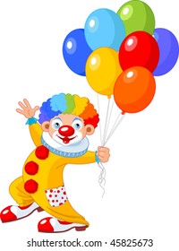 The funny clown holding balloons. Vector illustration