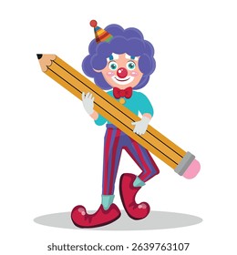 funny clown holding a big yellow pencil. vector illustration.
