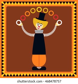 Funny clown. Juggler rings. Flat style. Vector illustration