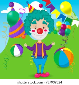 Funny Clown Juggles in The Circus World, Multicolor Balloons, Cartoon Character Hand Drawn Vector Illustration EPS 10