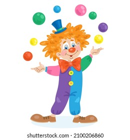 Funny clown juggles colorful balls. In cartoon style. Isolated on white background. Vector illustration.