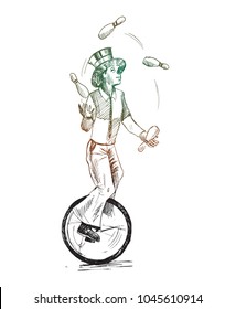 Funny clown juggling balls while riding unicycle performance, one wheeled bicycle, Hand Drawn Sketch Vector illustration.