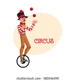 Funny clown juggling balls while riding unicycle, one wheeled bicycle, cartoon vector illustration with place for text. Circus ball juggler and equilibrist balancing on unicycle