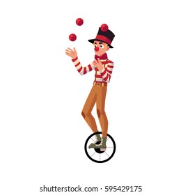 Funny clown juggling balls while riding unicycle, one wheeled bicycle, cartoon vector illustration isolated on white background. 