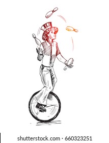 Funny clown juggling balls while riding unicycle performance, one wheeled bicycle, Hand Drawn Sketch Vector illustration.
