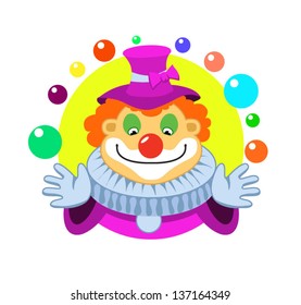 Funny clown juggling emblem. Vector illustration.