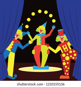 funny clown juggling performs. vector illustration