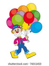 funny clown with lots of balloons. Vector art-illustration on a white background.