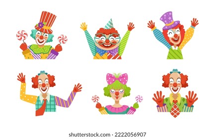 Funny Clown with Makeup-face and Flamboyant Costume Performing Comedy Vector Set