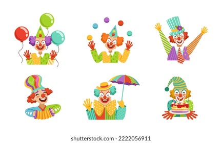 Funny Clown with Makeup-face and Flamboyant Costume Performing Comedy Vector Set